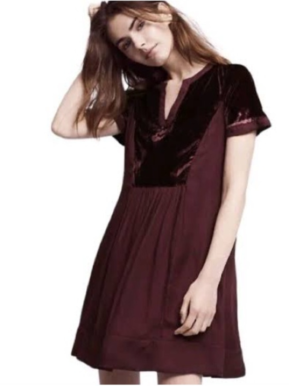 Maeve Deep Burgundy Velvet-Trim Short Sleeve Dress small